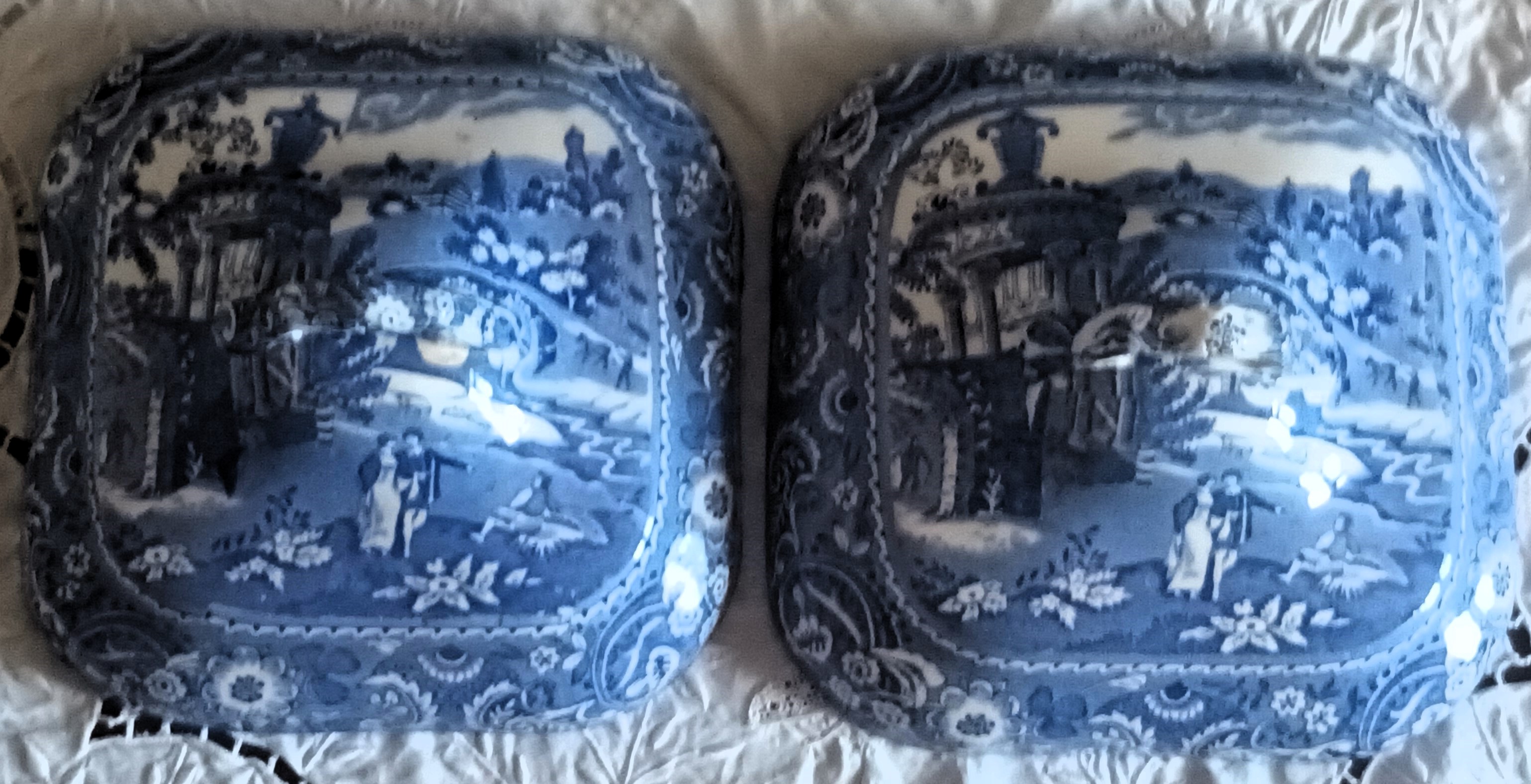 Pair of Antique English Blue & White Transfer Tureen Covers ~ "Landscape"  ~ Midwinter - Image 5
